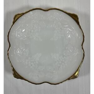 Anchor Hocking Milk Glass Harvest Grape Bowl w/ Gold Trim 9” Vintage